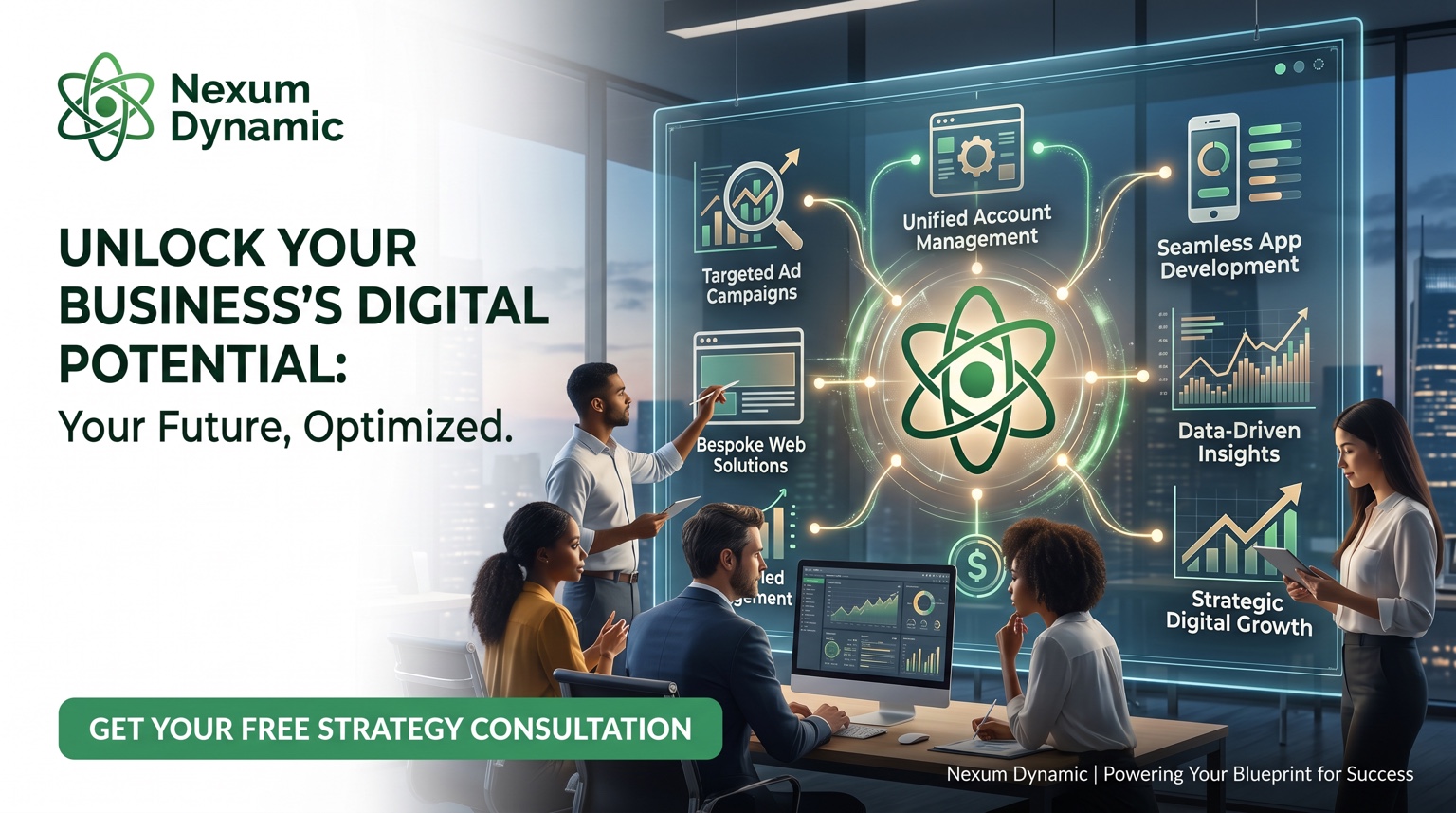 Nexum Dynamic marketing flyer showing a digital business blueprint concept